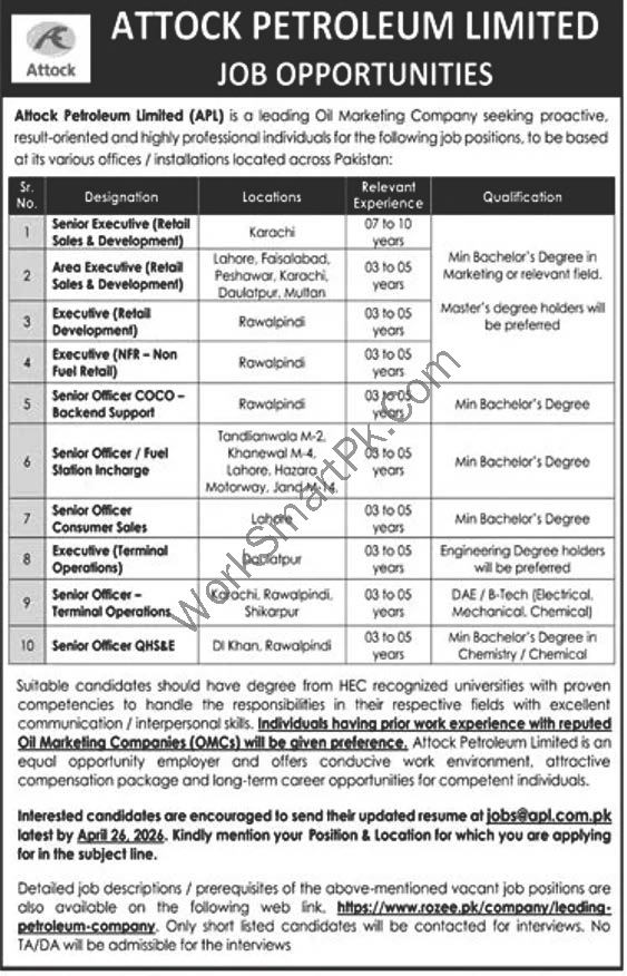 Attock Petroleum Limited Jobs 2026 Official Advertisement for Sales and Operations