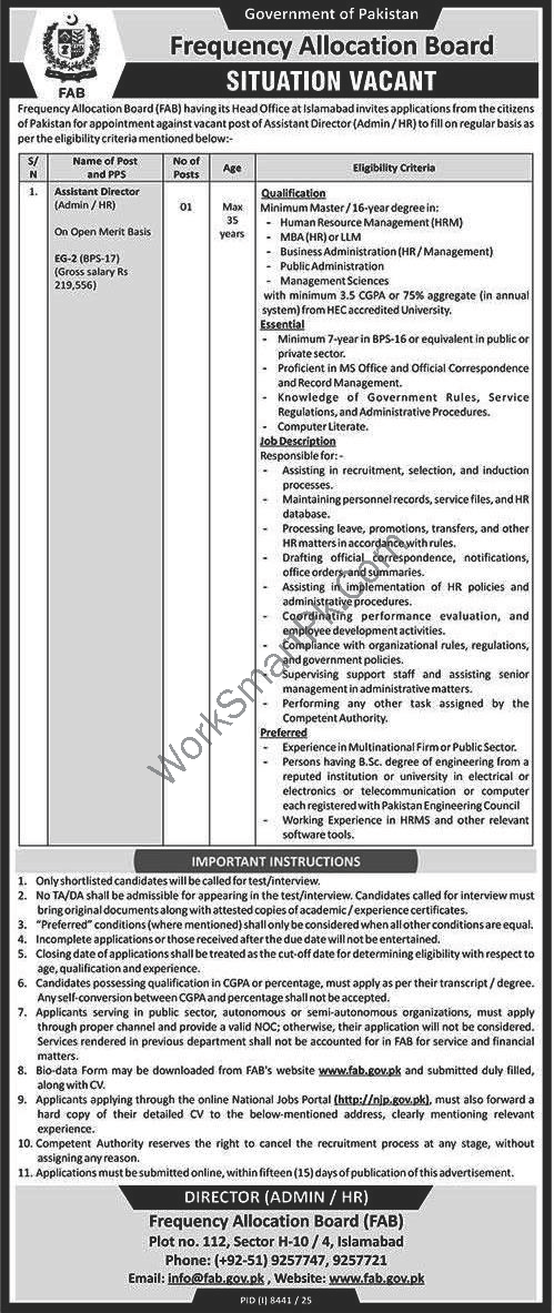 Frequency Allocation Board FAB Islamabad Jobs Official Advertisement 2026 Assistant Director HR