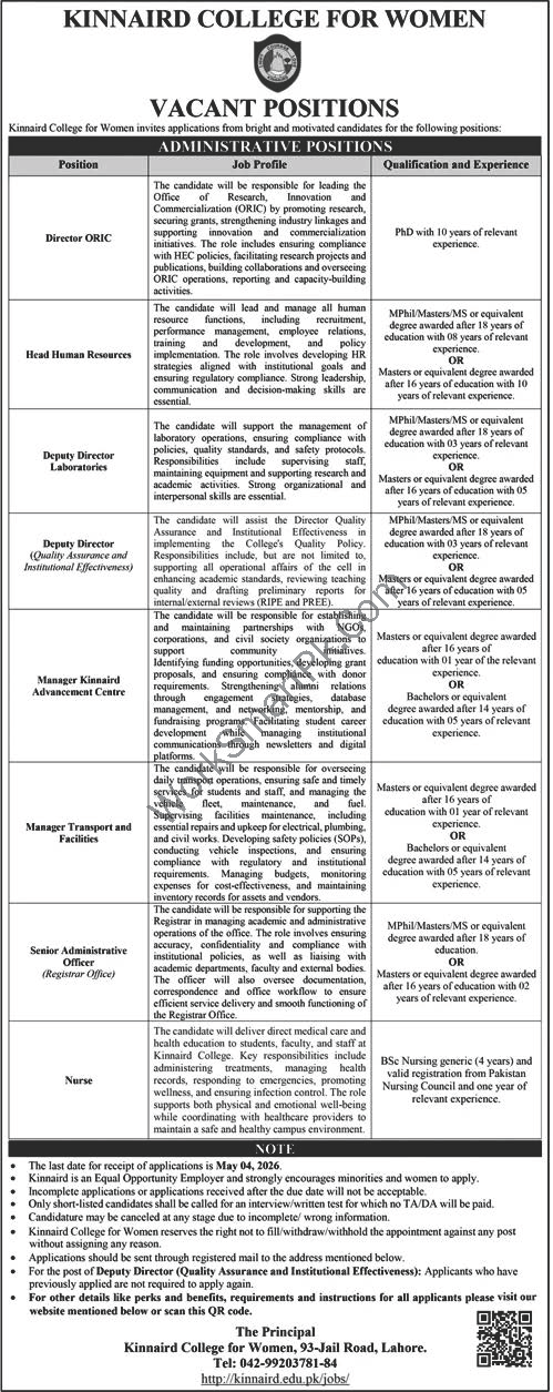 Kinnaird College for Women Lahore Administrative Jobs Official Advertisement 2026