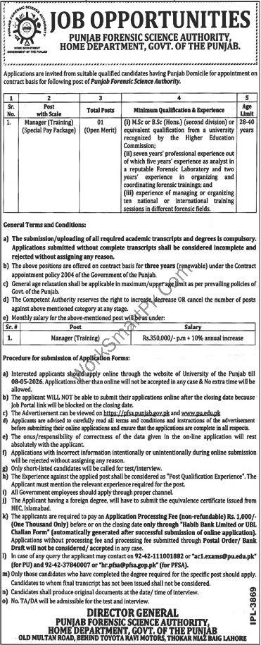 Punjab Forensic Science Authority Official Recruitment Ad for Manager Training 2026