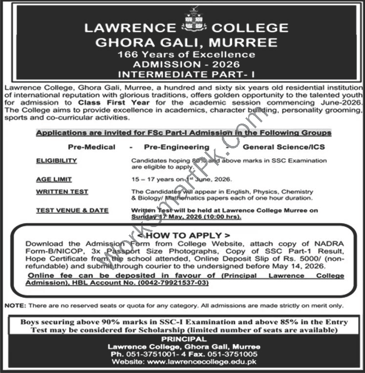 Lawrence College Ghora Gali Murree Admissions 2026 Official Advertisement for Boys