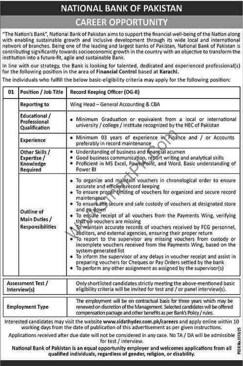 NBP Jobs 2026 Record Keeping Officer OG-II Official Job Advertisement