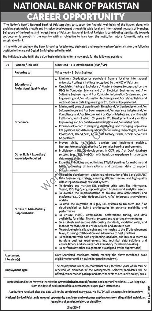NBP Jobs 2026 National Bank of Pakistan Official Advertisement Karachi ETL Development