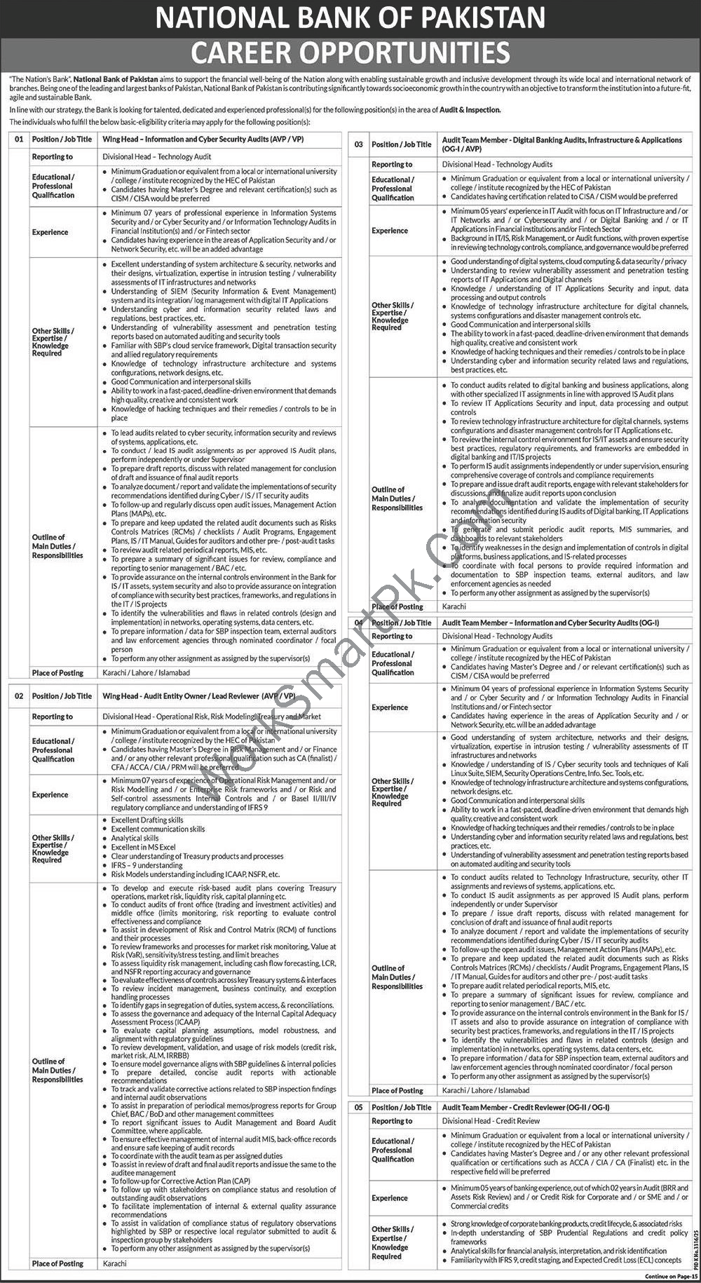 NBP Jobs 2026 Official Advertisement for Audit & Inspection Group Karachi