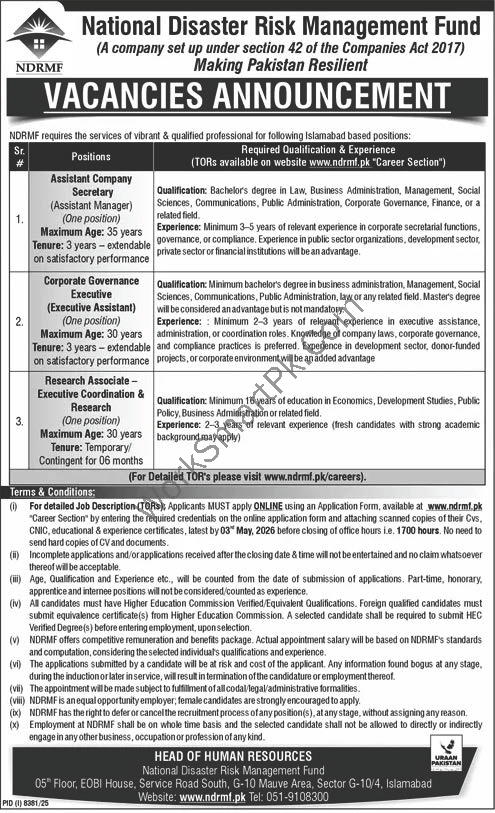 NDRMF Islamabad Jobs 2026 Official Advertisement National Disaster Risk Management Fund