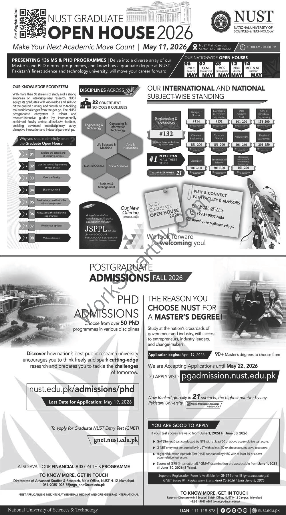 NUST Graduate Admissions Fall 2026 Official Advertisement Open House Islamabad