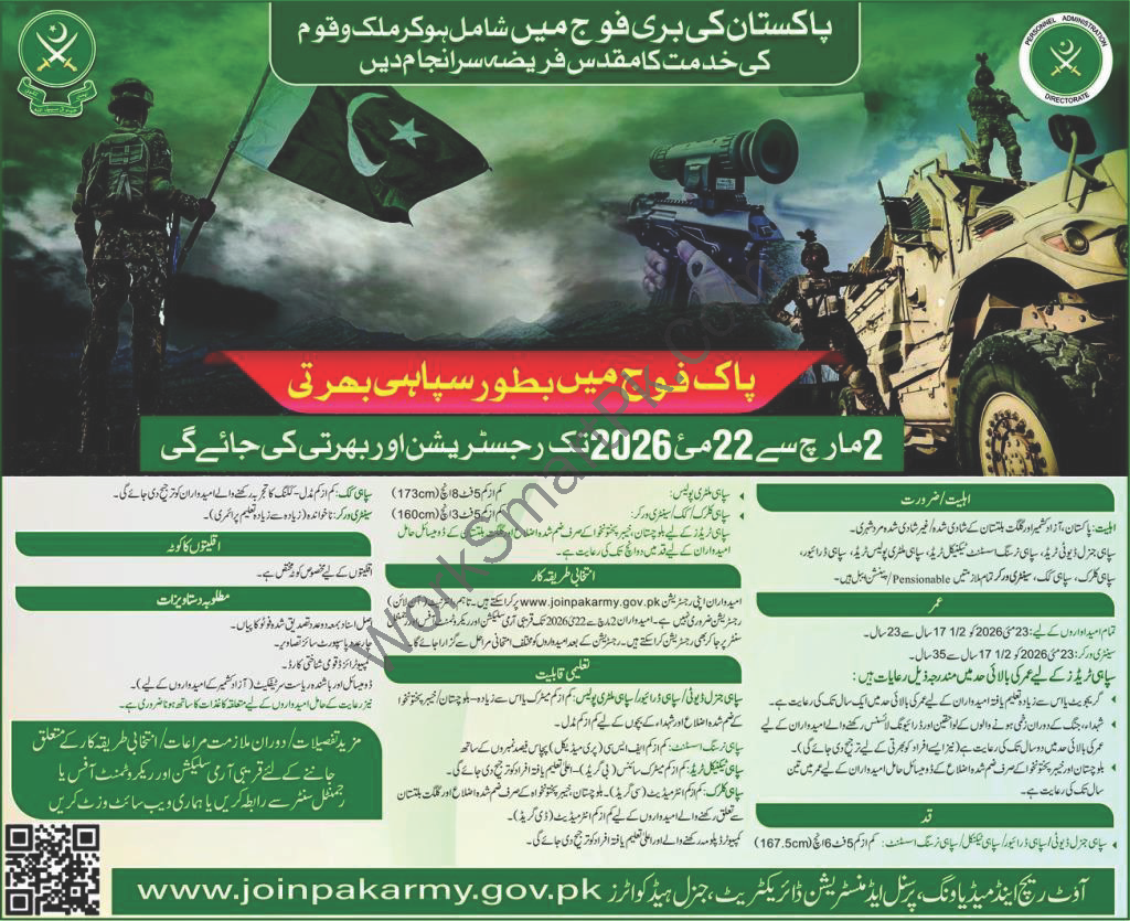 Pakistan Army Sipahi Jobs 2026 Official Advertisement Join Pak Army Soldier
