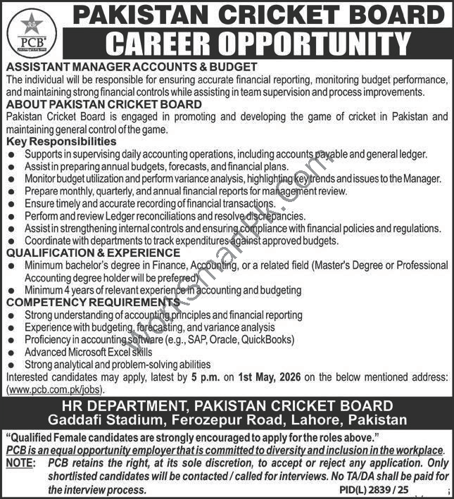 PCB Lahore Jobs 2026 Official Advertisement for Assistant Manager Accounts