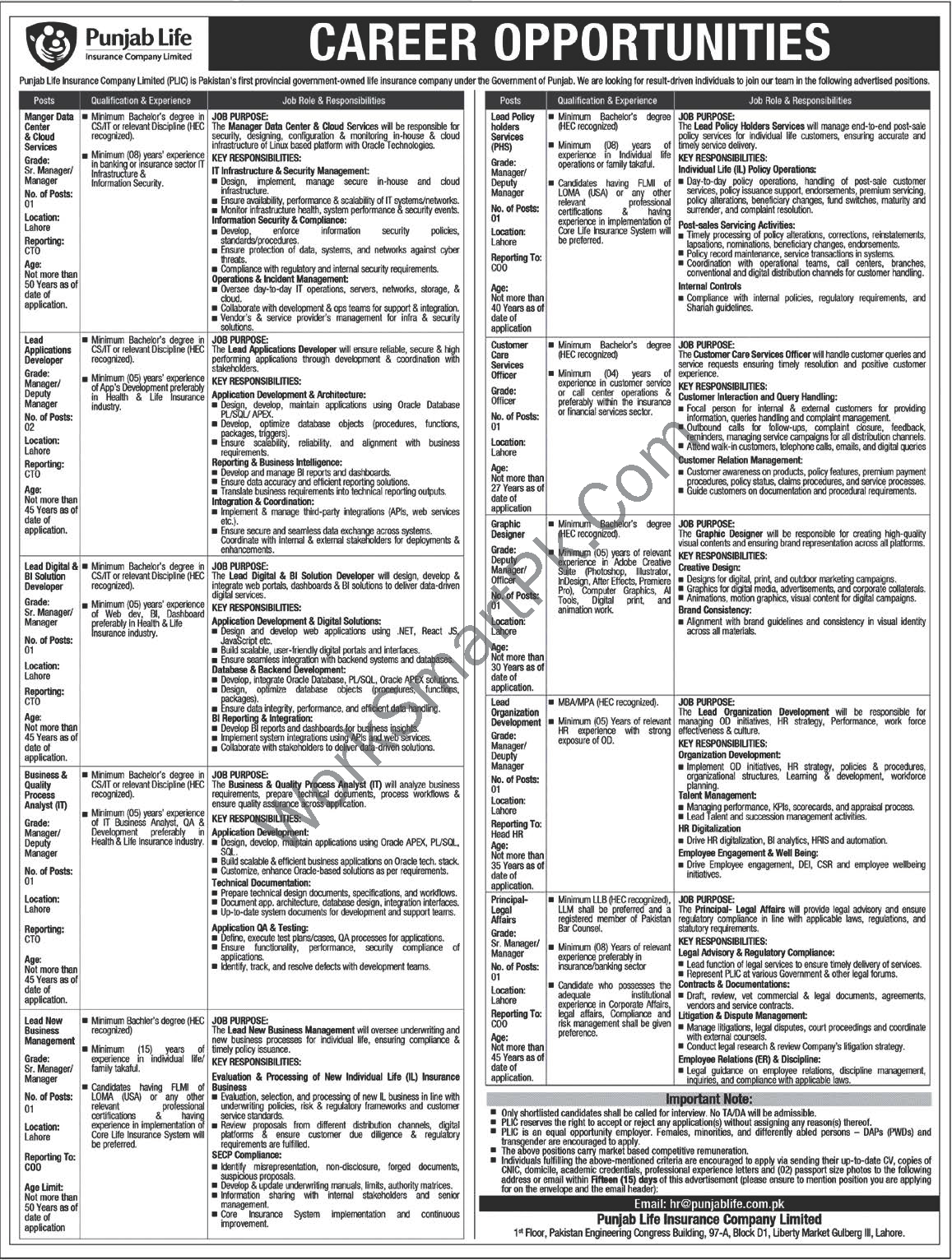 Punjab Life Insurance Company Limited Official Job Advertisement 2026