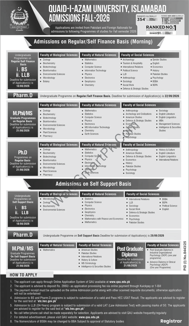 Quaid-i-Azam University Islamabad Admissions 2026 Official Ad