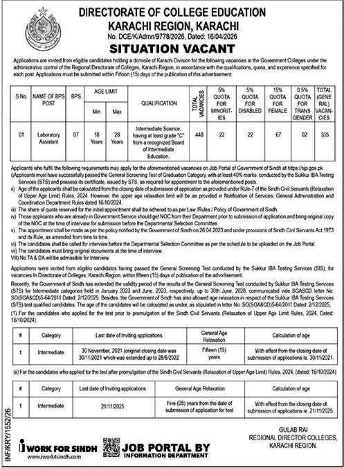 Official Advertisement for Directorate of College Education Karachi Region Lab Assistant BPS-07 Jobs 2026