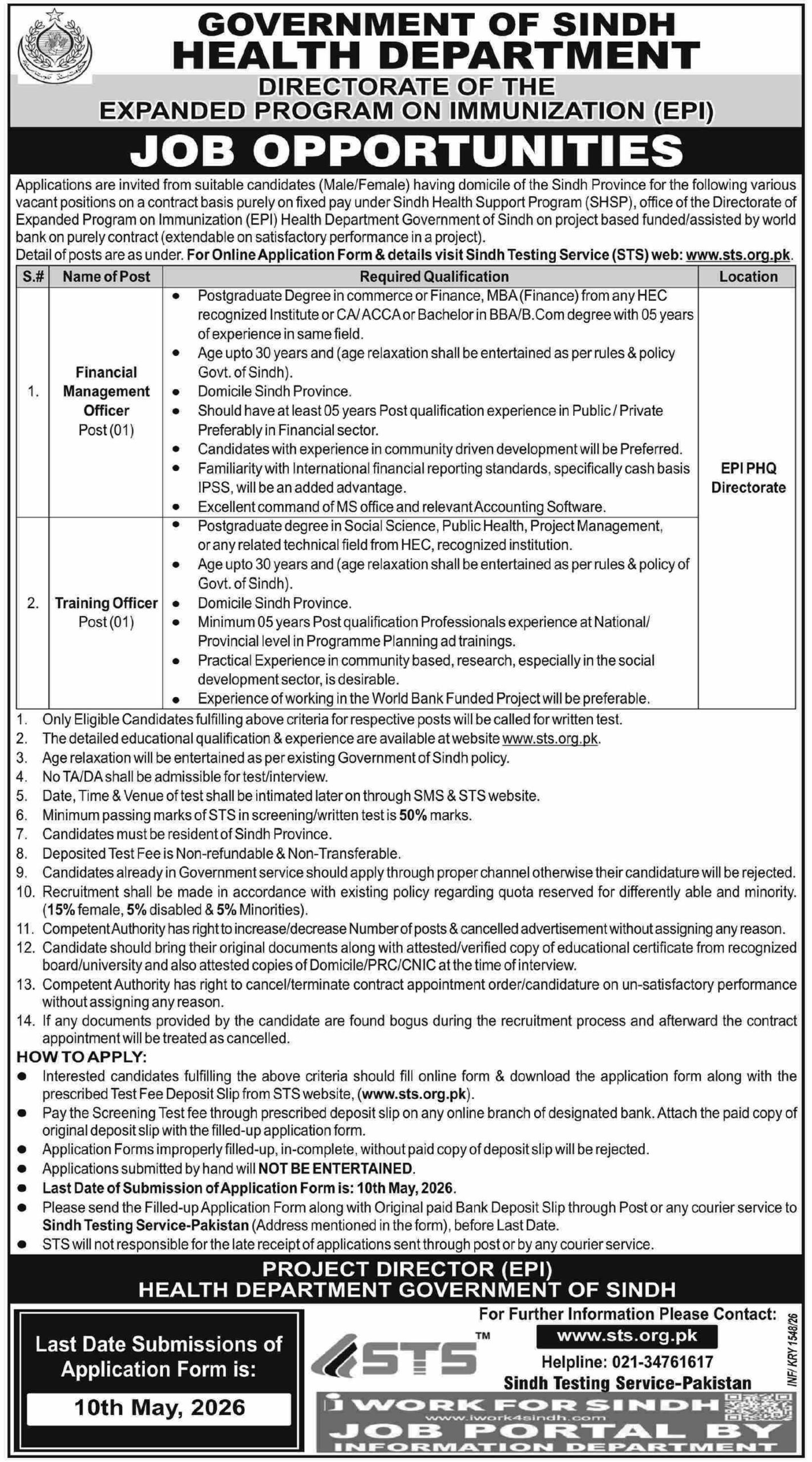 Official Job Advertisement for Health Department Government of Sindh EPI PHQ Directorate Recruitment 2026