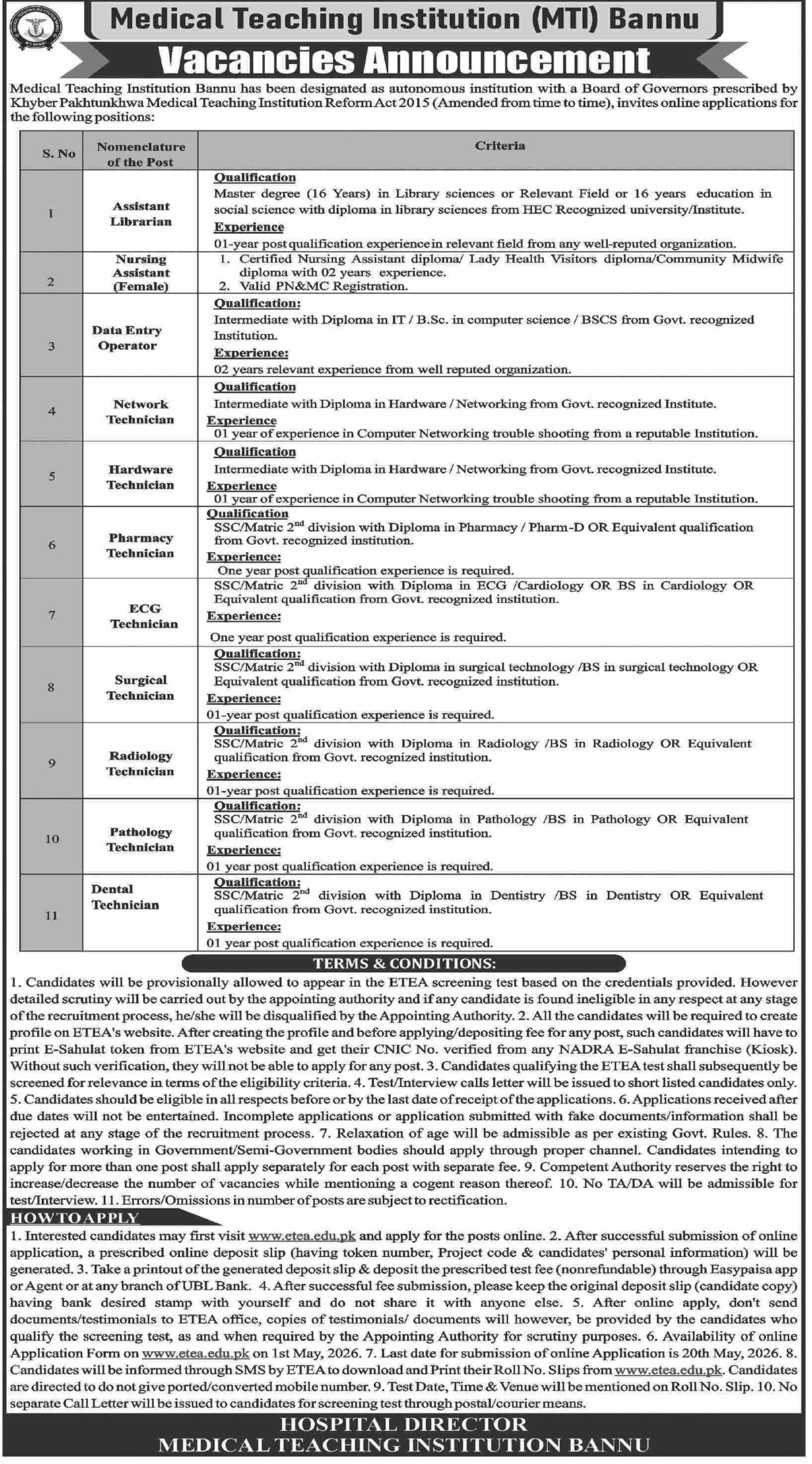 Official Advertisement of Medical Teaching Institution MTI Bannu for Various Vacancies published in May 2026