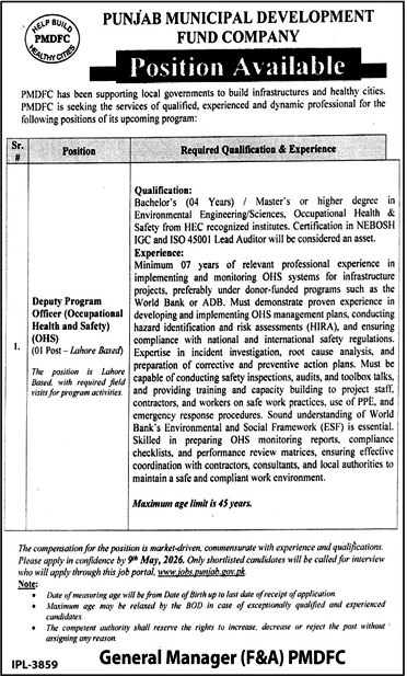 Official Advertisement for PMDFC Lahore Deputy Program Officer OHS Jobs published in Daily Jang on April 22, 2026