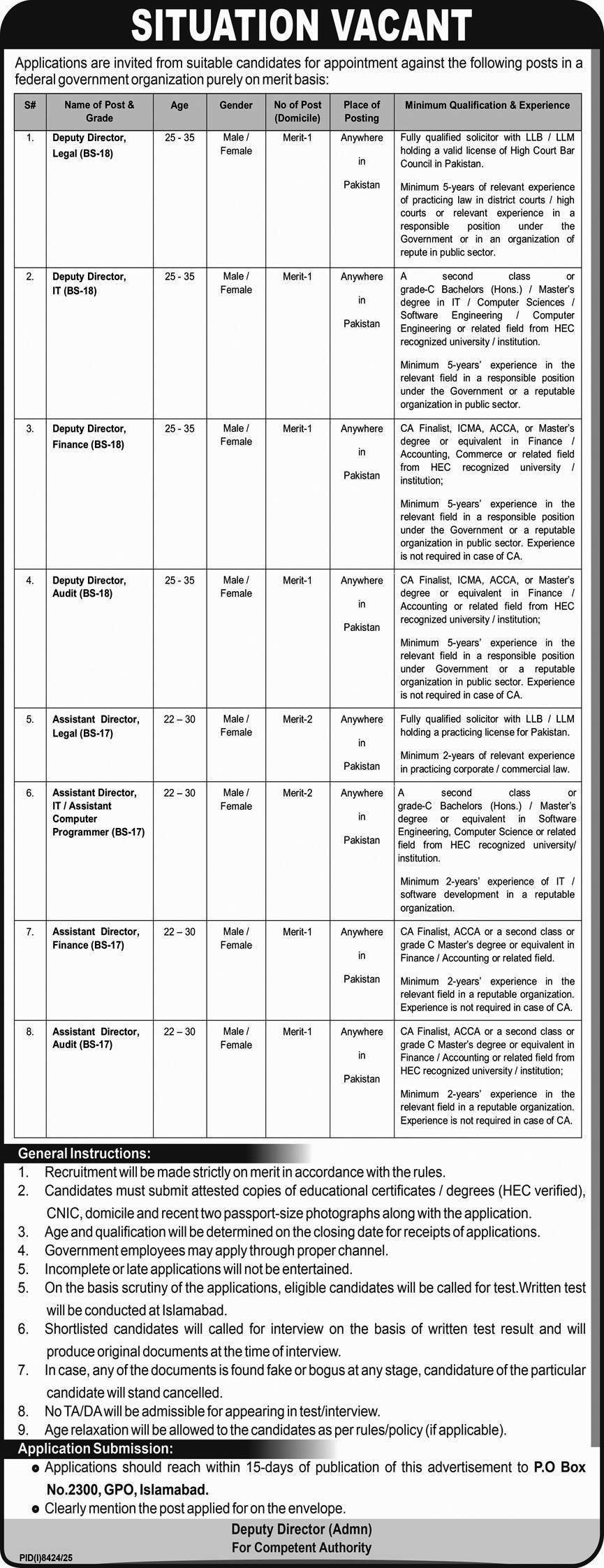 Federal Government Jobs 2026 Official Advertisement P.O Box 2300 Islamabad