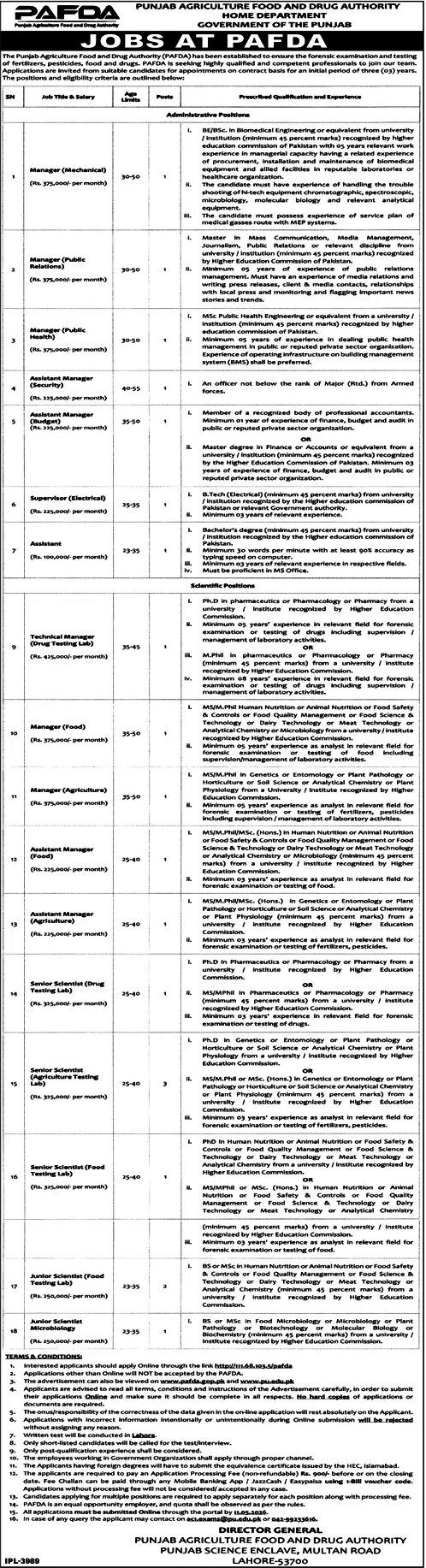 Punjab Agriculture Food & Drug Authority PAFDA Lahore Jobs Jang 23-04-2026 Official Advertisement Manager and Scientist Posts.