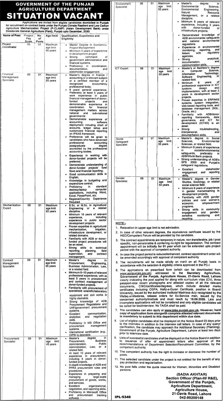 Official newspaper advertisement for Project Staff vacancies at Government of the Punjab Agriculture Department 2026