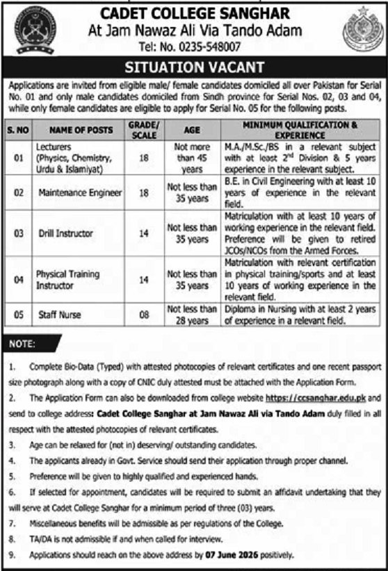 Cadet College Sanghar Jobs Jang 17-05-2026.jpg