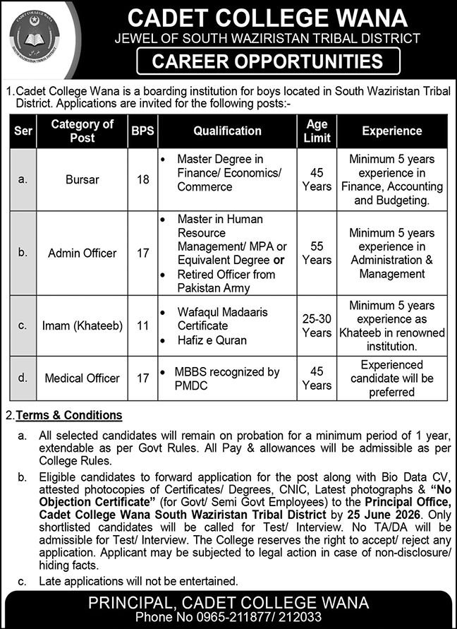 Cadet College WANA Jobs Nawai Waqat 17-05-2026.jpg