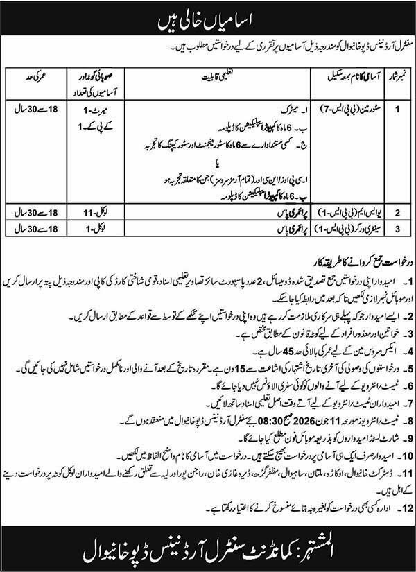Official newspaper advertisement for Storeman and USM recruitment at Central Ordnance Depot COD Khanewal 2026