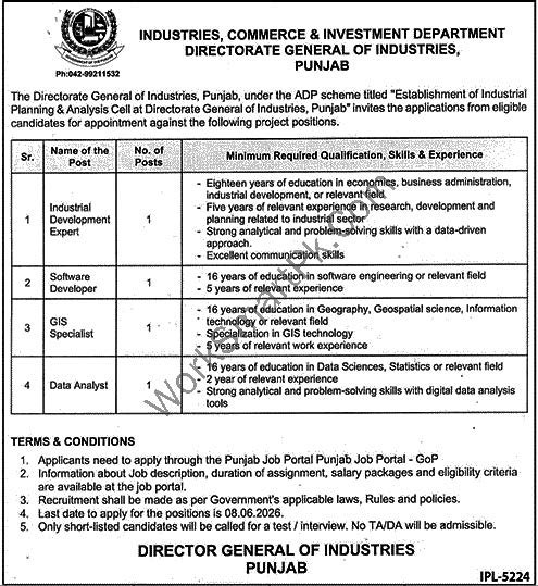 Official newspaper advertisement for Directorate General of Industries Punjab project vacancies 2026