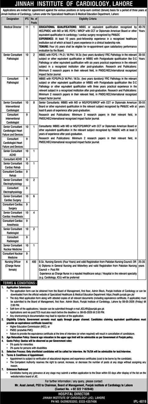 JIC Lahore Jobs 2026 Official Advertisement Multiple Cardiac Specialist and Nursing Posts