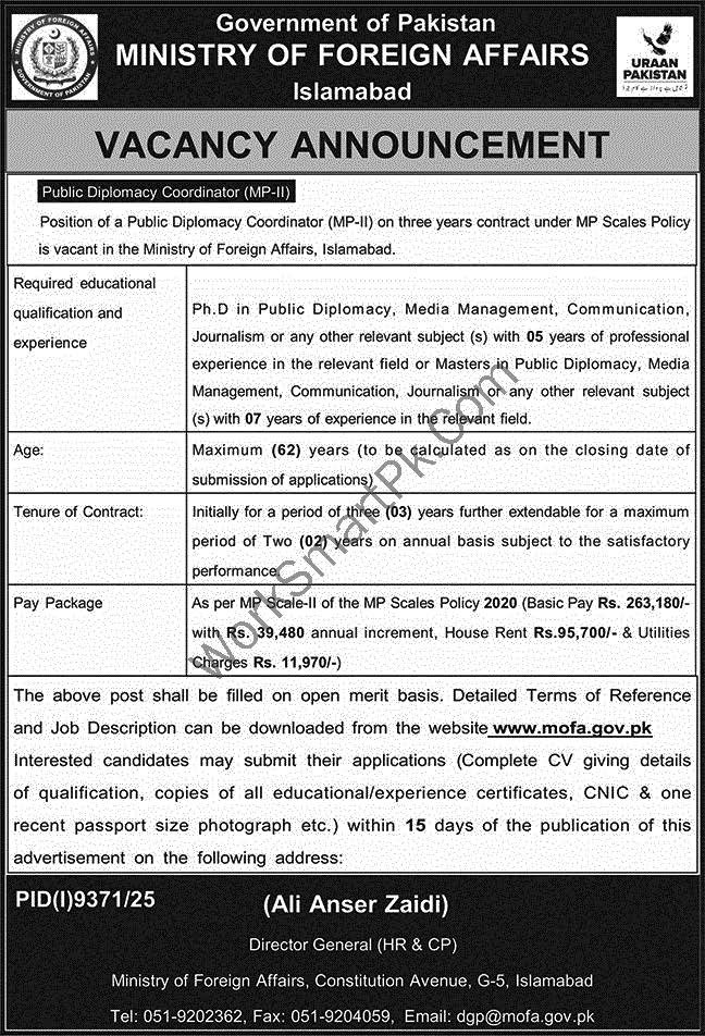 Official newspaper advertisement for Ministry of Foreign Affairs MOFA Islamabad Public Diplomacy Coordinator jobs 2026