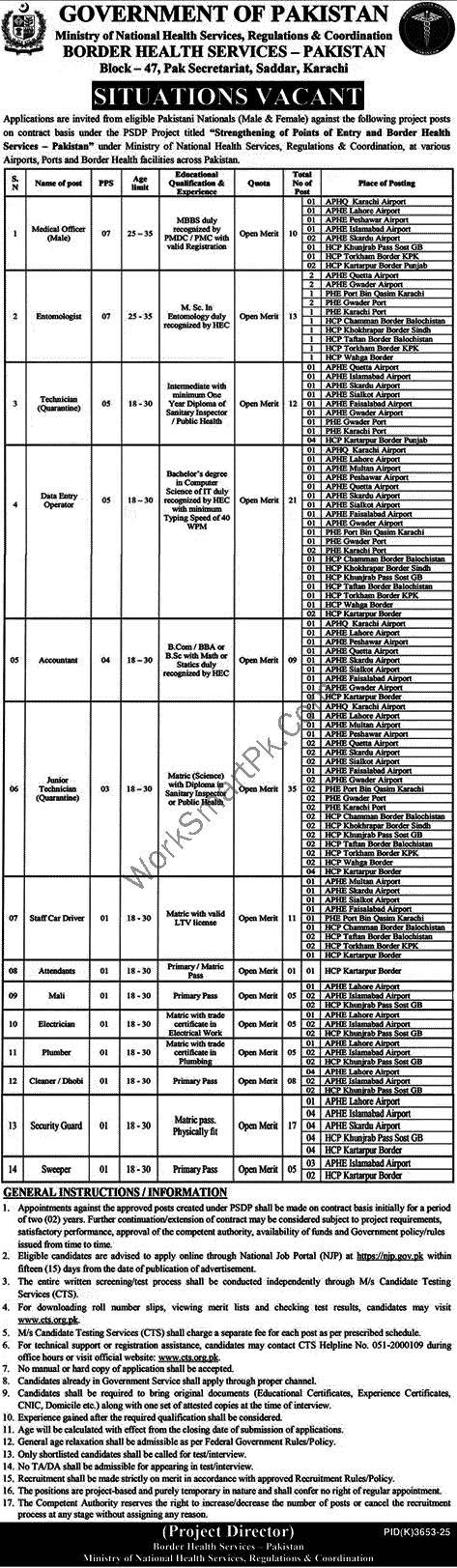 Official newspaper advertisement clipping for Border Health Services Pakistan federal jobs 2026