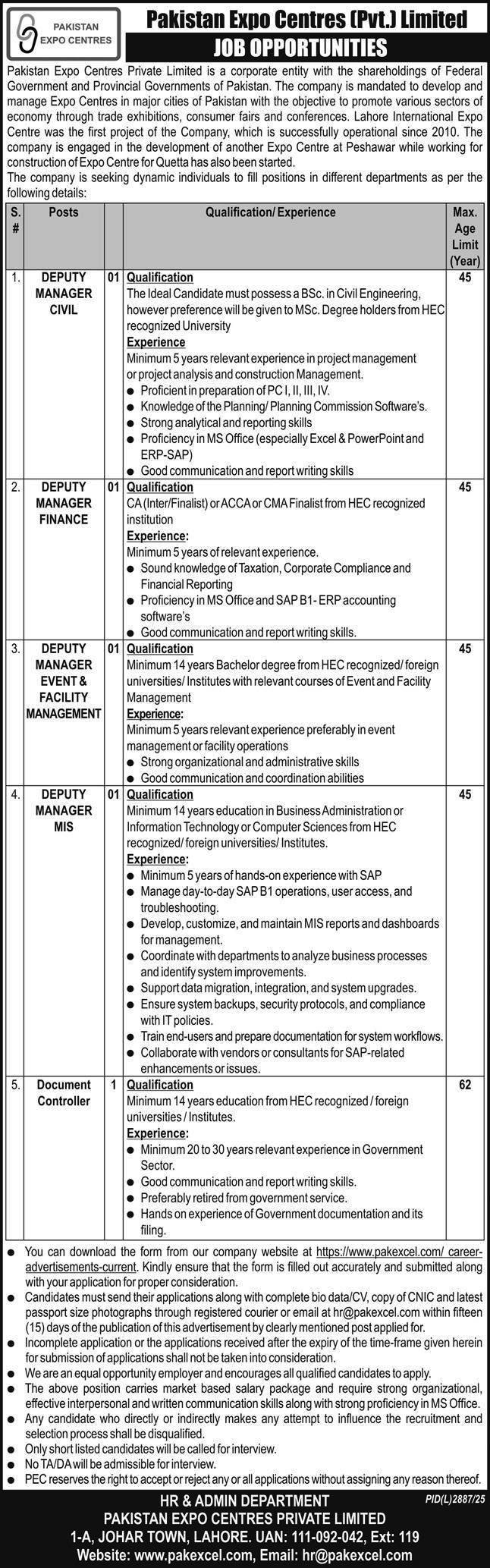 Pakistan Expo Centres Private Limited Jobs 2026 Official Advertisement for Deputy Manager Civil, Finance, and MIS