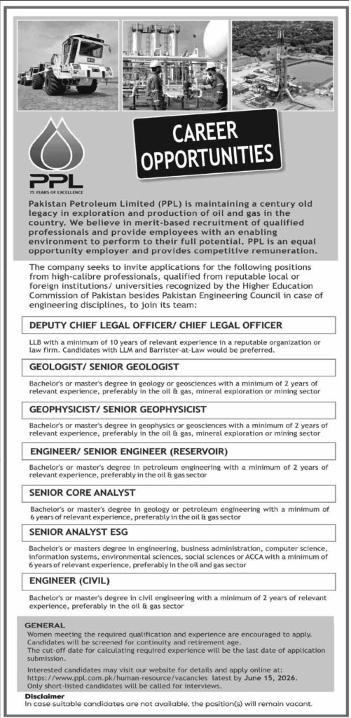 Official newspaper advertisement for various engineer, analyst, and geologist job openings at Pakistan Petroleum Limited PPL