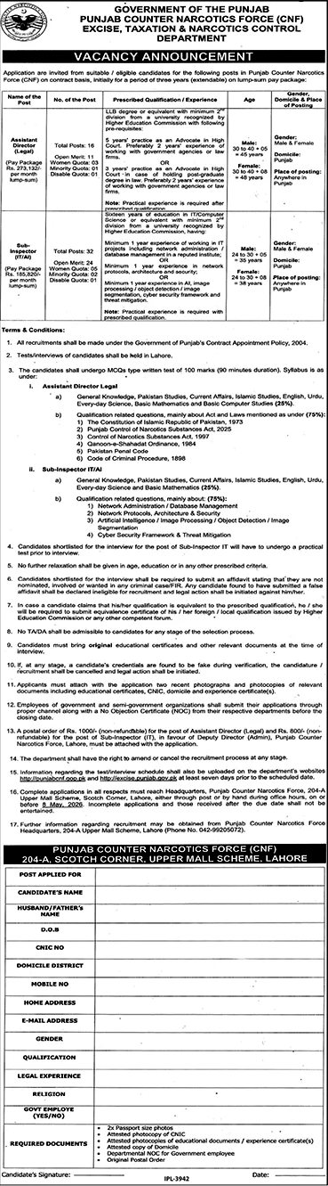 Punjab Counter Narcotics Force CNF Jobs 2026 Official Advertisement for Legal and IT Positions