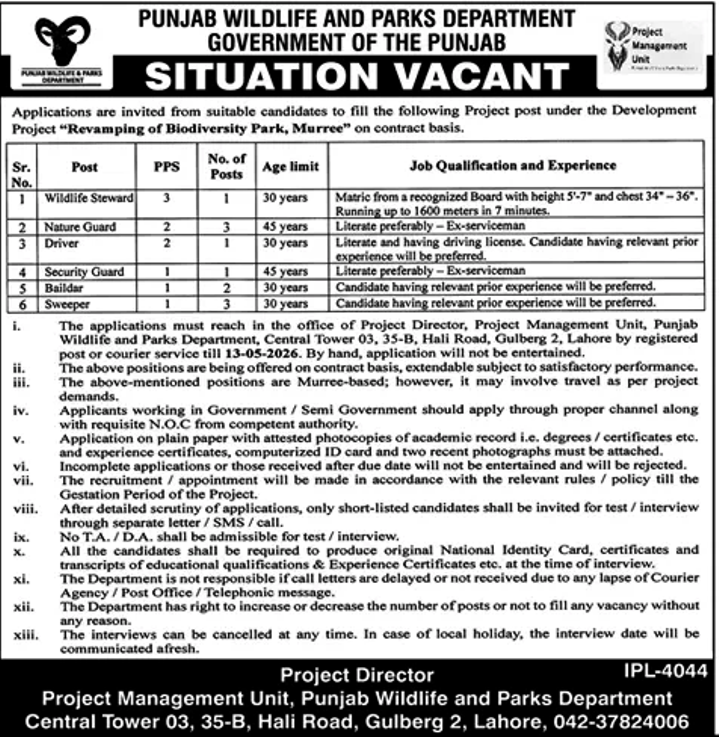 Punjab Wildlife and Parks Department Jobs 2026 Official Advertisement for Murree Project.