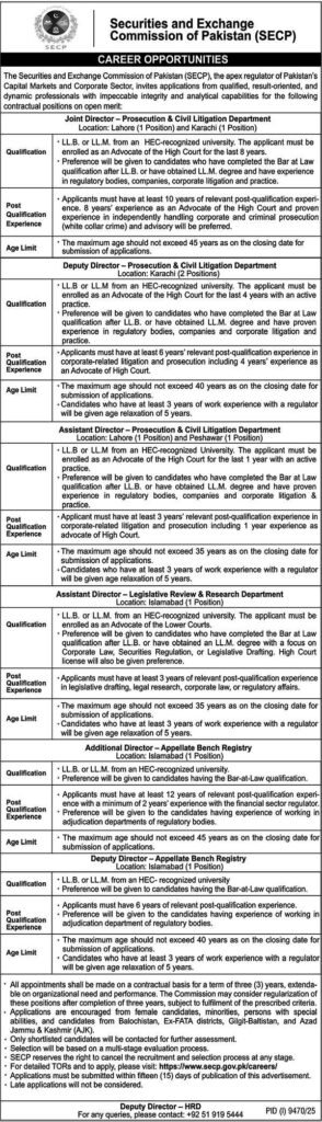Official newspaper advertisement for legal director and assistant manager vacancies at Securities and Exchange Commission of Pakistan SECP