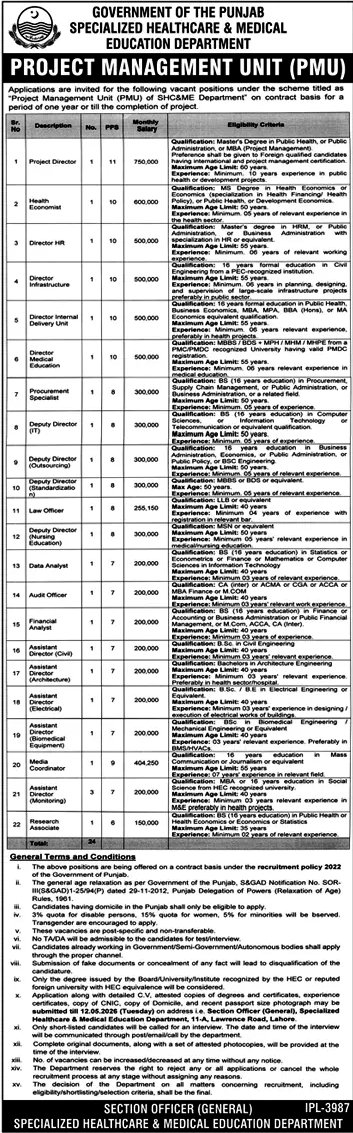 Specialized Healthcare & Medical Education Department PMU Jobs 2026 Official Advertisement