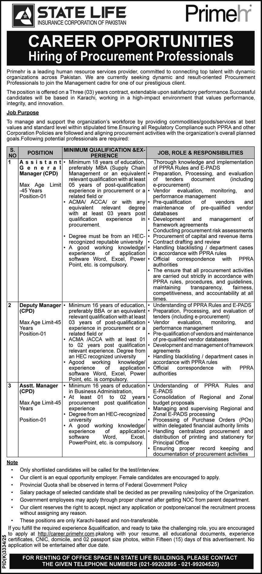 State Life Insurance Corporation of Pakistan Jobs 2026 Official Advertisement for Procurement Professionals
