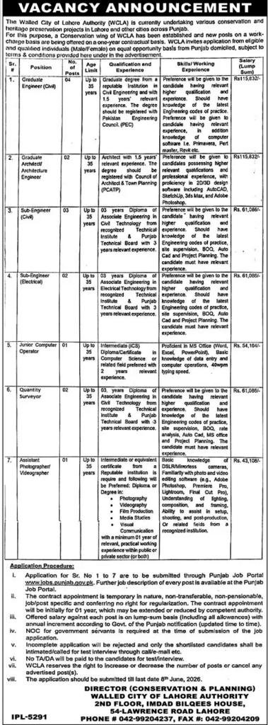 Official newspaper advertisement for Graduate Engineer and Sub-Engineer vacancies at Walled City of Lahore Authority WCLA