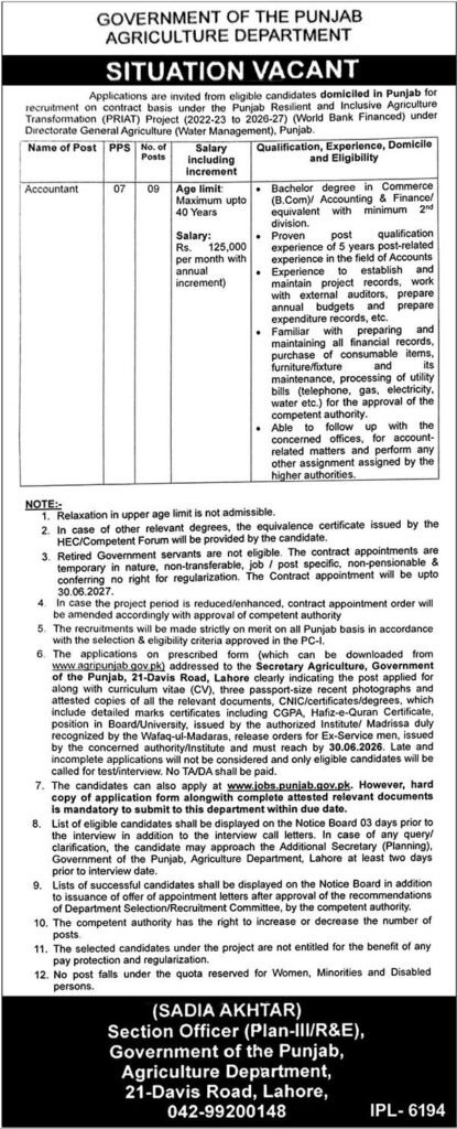 Punjab Agriculture Department Accountant Jobs Advertisement