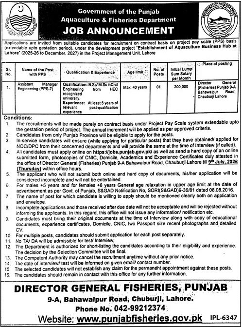 Punjab Aquaculture and Fisheries Department Job Advertisement