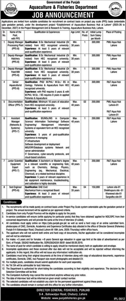 Official newspaper recruitment advertisement layout for Deputy Manager and technical positions at Aquaculture and Fisheries Department Punjab Lahore