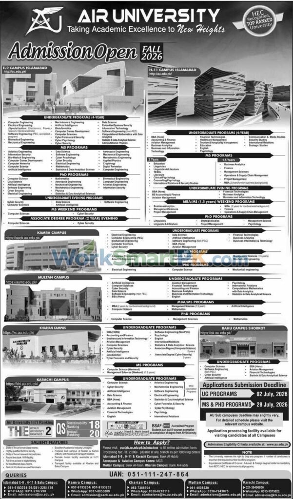 Air University Islamabad Fall 2026 official admission newspaper advertisement layout