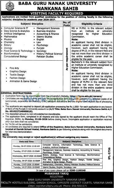 Baba Guru Nanak University BGNU Nankana Sahib visiting faculty vacancy newspaper advertisement layout