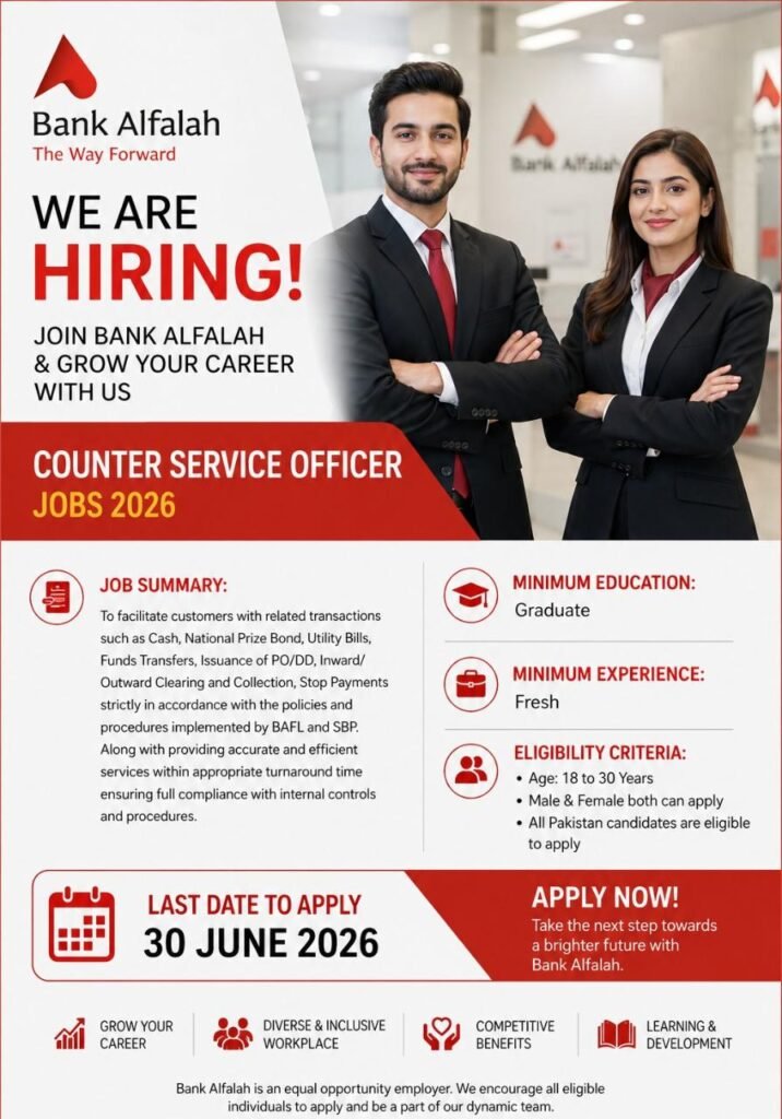 Official recruitment advertisement banner for Counter Service Officer positions at Bank Alfalah