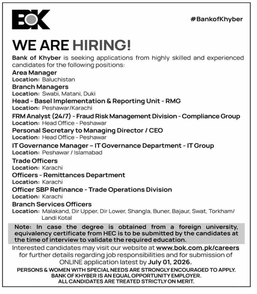 Bank of Khyber BOK Jobs 2026 Newspaper Advertisement