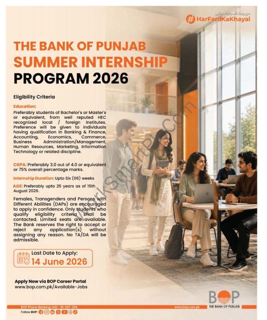 Official newspaper advertisement layout for the Summer Internship Program 2026 at The Bank of Punjab BOP