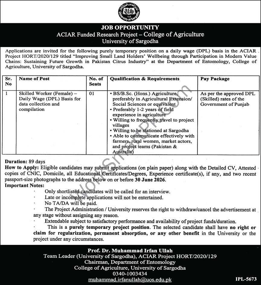 University of Sargodha Skilled Worker Daily Wage Jobs 2026 Advertisement