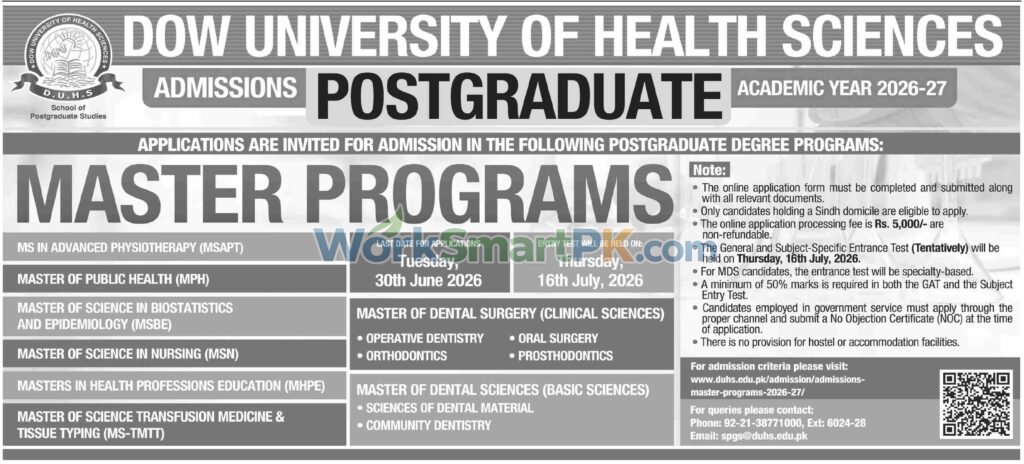 DOW University of Health Sciences DUHS Karachi postgraduate master mphil and phd admission notice layout