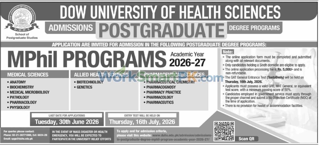 DOW University of Health Sciences DUHS Karachi postgraduate master mphil and phd admission notice layout