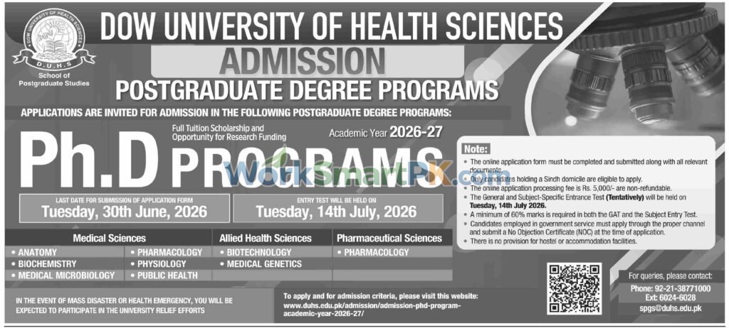 DOW University of Health Sciences DUHS Karachi postgraduate master mphil and phd admission notice layout