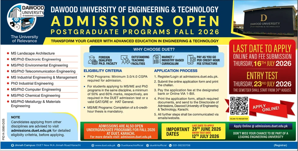 Official newspaper announcement layout for MS ME and PhD postgraduate admissions at Dawood University DUET Karachi