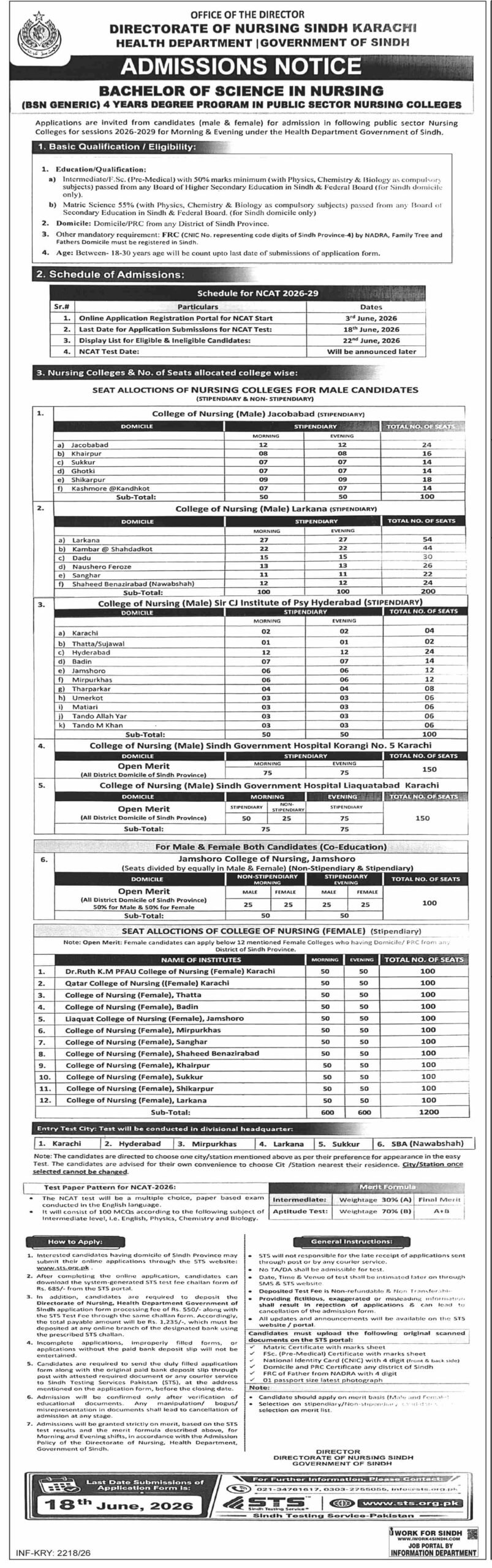 Official admission notice advertisement for BSN Generic 4 years degree program under Directorate of Nursing Sindh Health Department